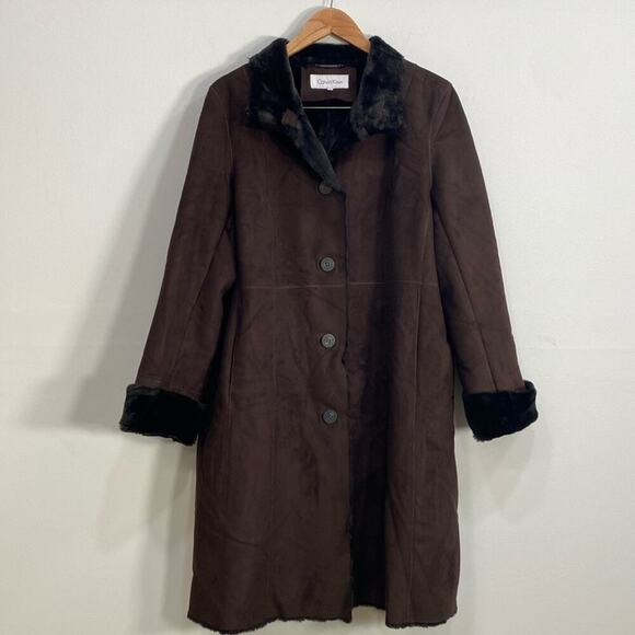 Calvin Klein Large Faux Fur Faux Suede Long Heavy Coat Soft & Comfy - Picture 1 of 11